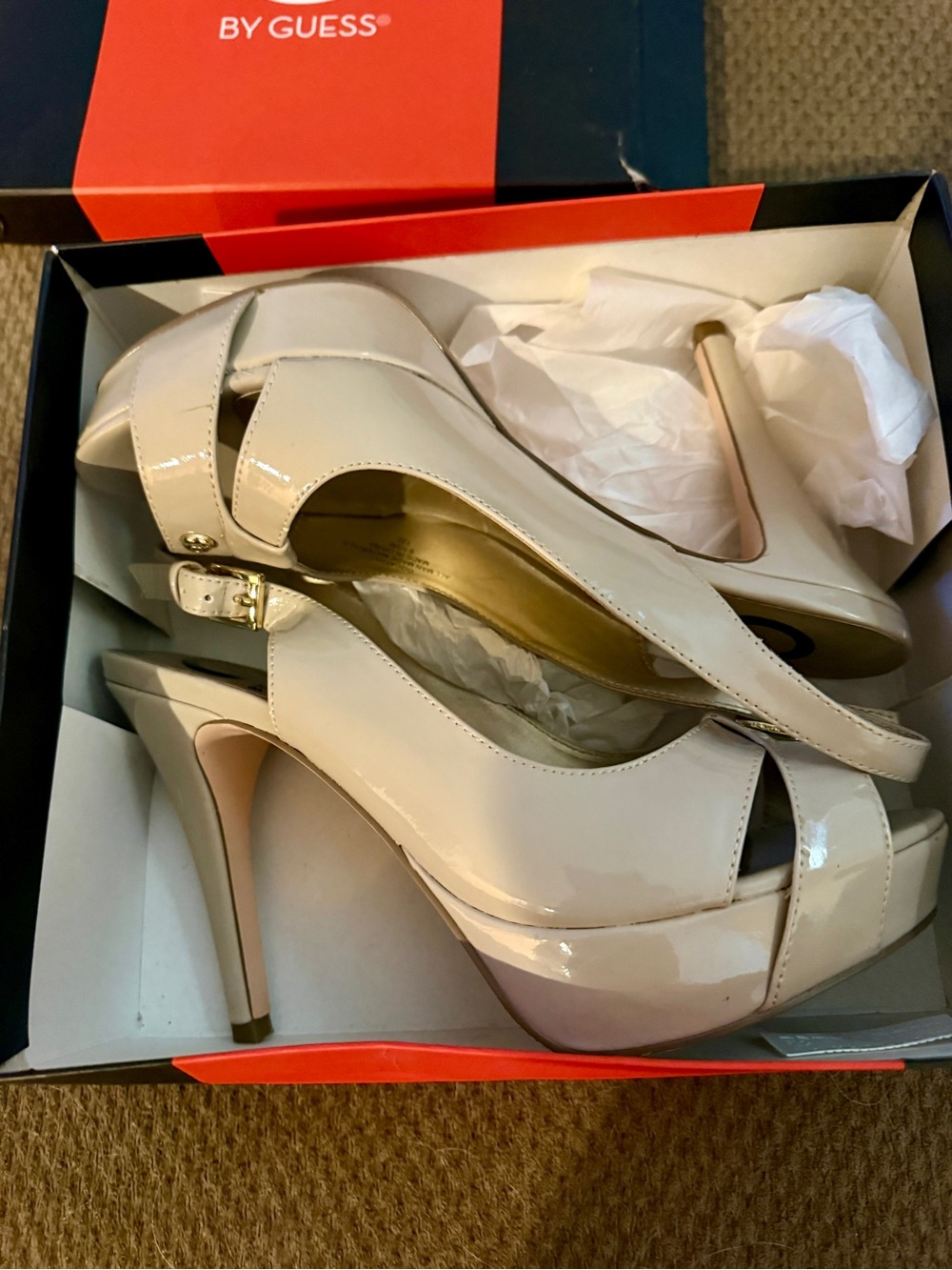 GUESS Cream Patent Leather Peep-Toe Slingback Heels